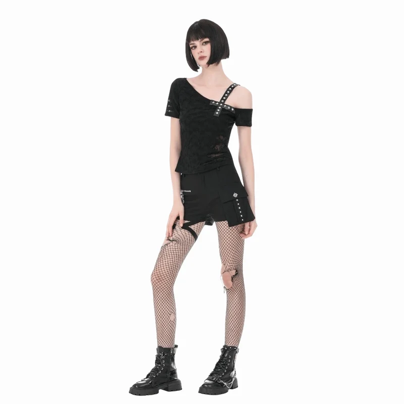 Punk-T-Shirt für Damen mit gekreuzten Trägern, Nieten und asymmetrischem Schnitt, kurzen Ärmeln
