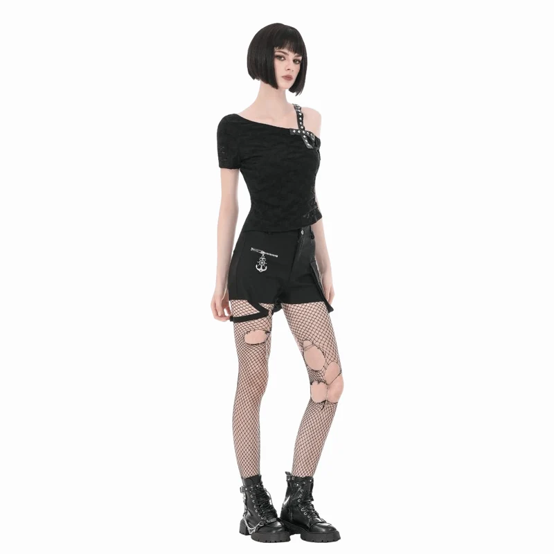 Punk-T-Shirt für Damen mit gekreuzten Trägern, Nieten und asymmetrischem Schnitt, kurzen Ärmeln