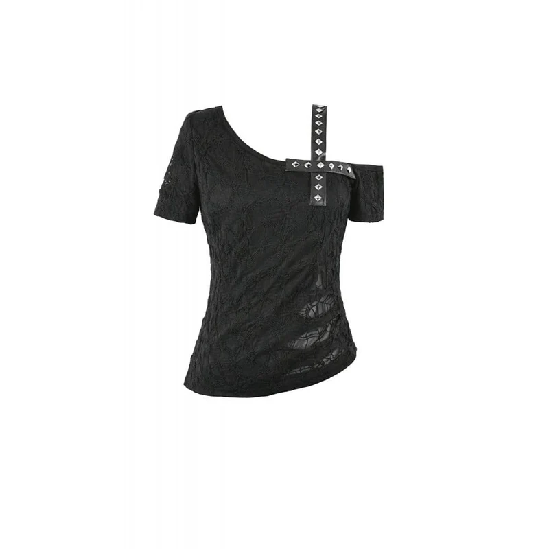 Punk-T-Shirt für Damen mit gekreuzten Trägern, Nieten und asymmetrischem Schnitt, kurzen Ärmeln