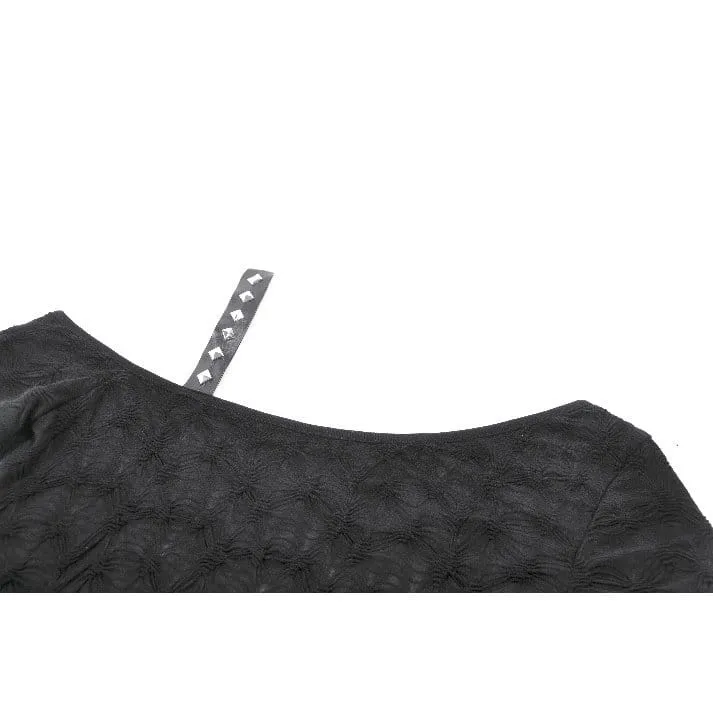 Punk-T-Shirt für Damen mit gekreuzten Trägern, Nieten und asymmetrischem Schnitt, kurzen Ärmeln