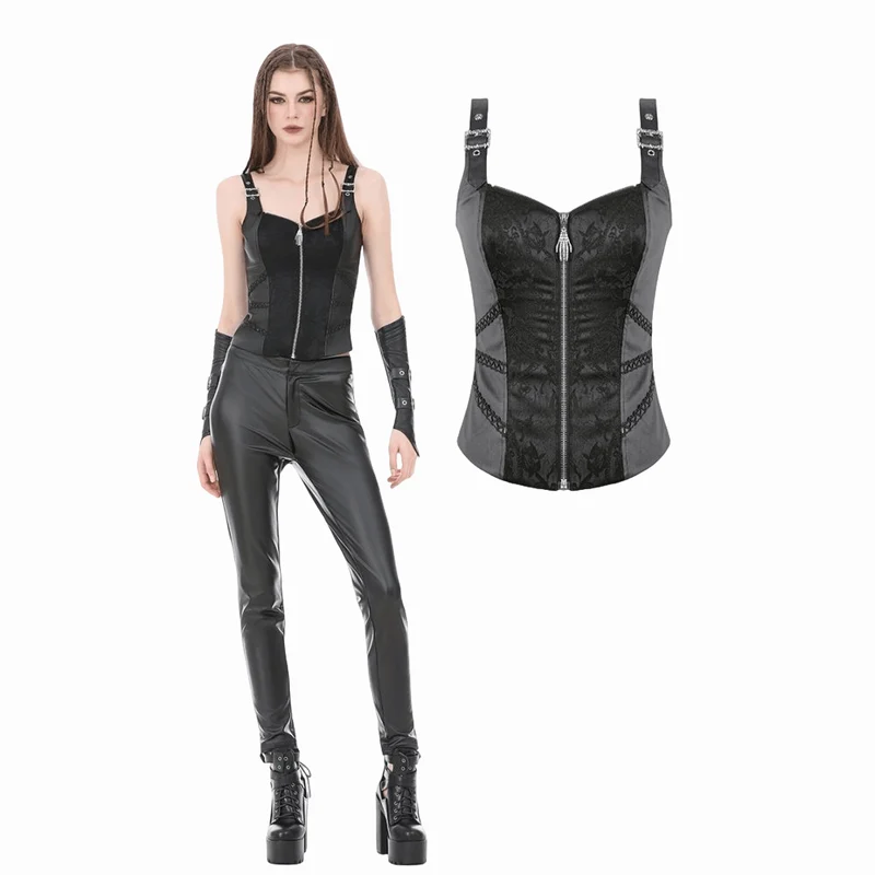 Punk-Weste für Damen mit Jacquard-Muster, Schnallenriemen und Reißverschluss