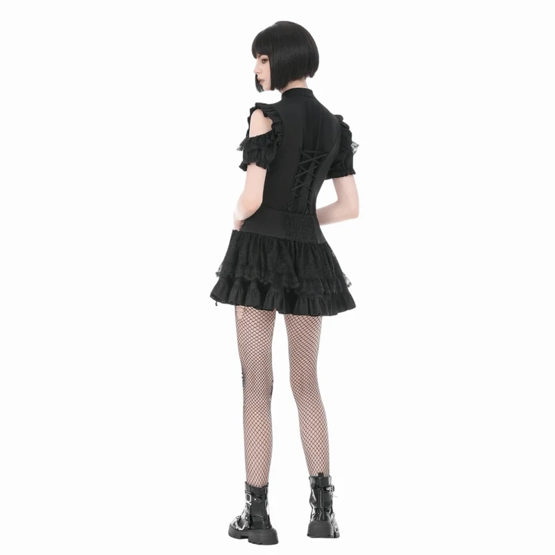 Gothic-T-Shirt für Damen mit Rüschen, Schnürung und Cut-outs, kurzen Ärmeln