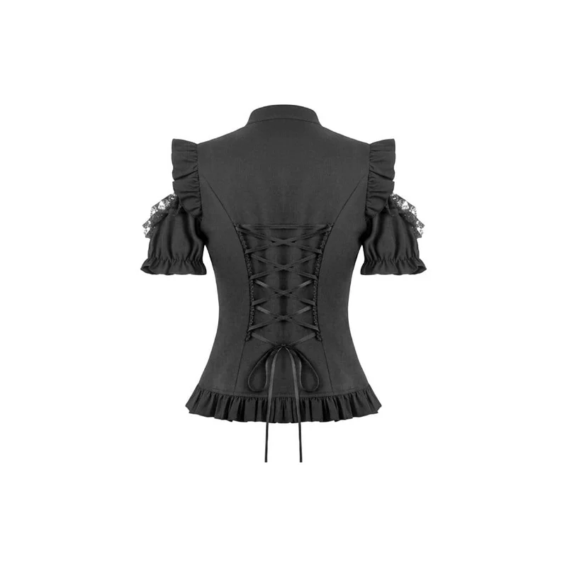 Gothic-T-Shirt für Damen mit Rüschen, Schnürung und Cut-outs, kurzen Ärmeln