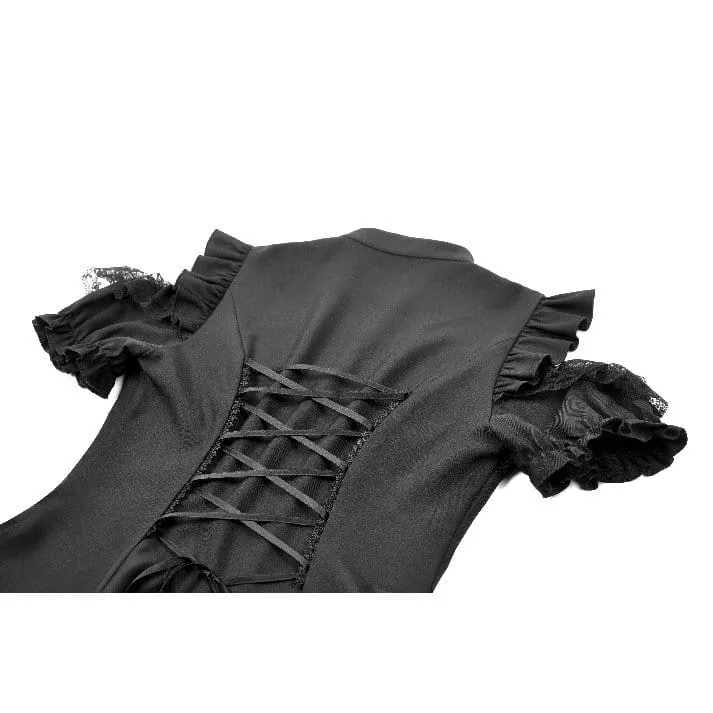 Gothic-T-Shirt für Damen mit Rüschen, Schnürung und Cut-outs, kurzen Ärmeln