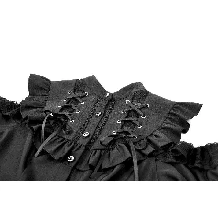 Gothic-T-Shirt für Damen mit Rüschen, Schnürung und Cut-outs, kurzen Ärmeln