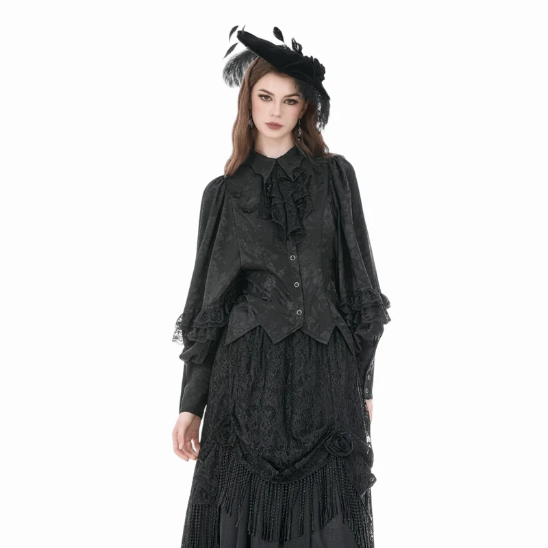 Gothic-Damenbluse mit Rosenjacquardmuster, unregelmäßigem Saum, langen Ärmeln und abnehmbarer Krawatte
