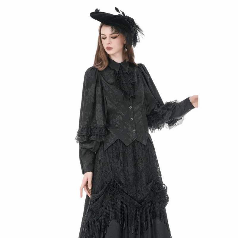 Gothic-Damenbluse mit Rosenjacquardmuster, unregelmäßigem Saum, langen Ärmeln und abnehmbarer Krawatte