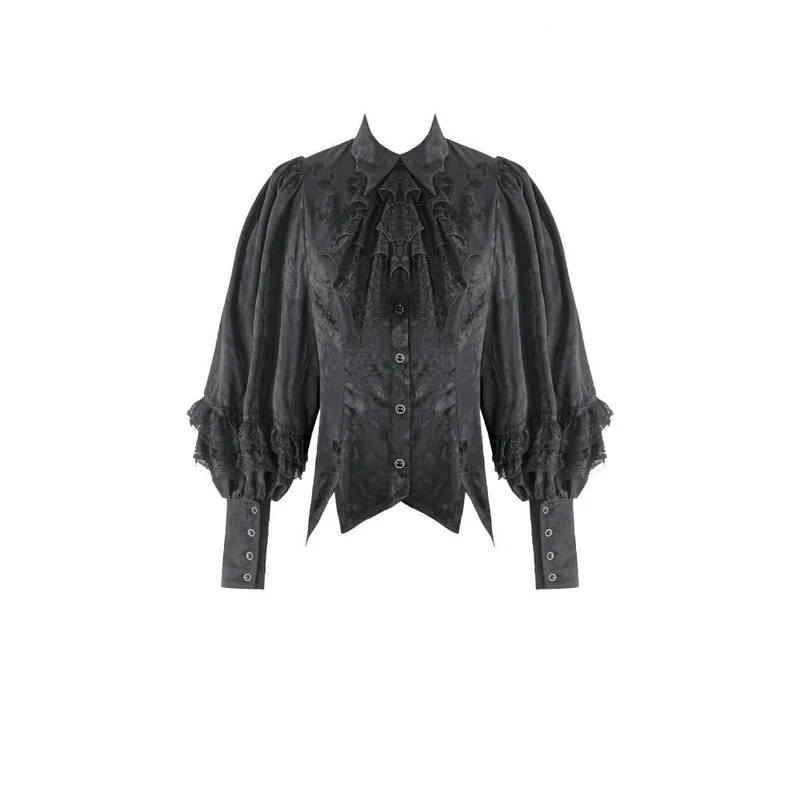 Gothic-Damenbluse mit Rosenjacquardmuster, unregelmäßigem Saum, langen Ärmeln und abnehmbarer Krawatte