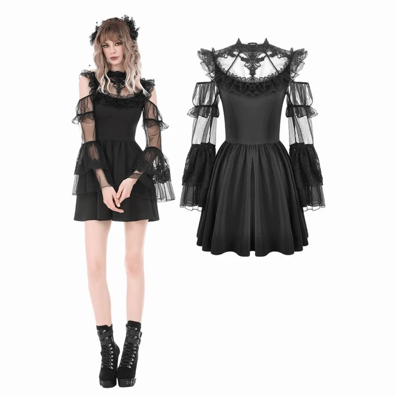 Gothic-Kleid für Damen mit Mesh-Einsätzen, Rüschen und Cut-outs, langen Ärmeln