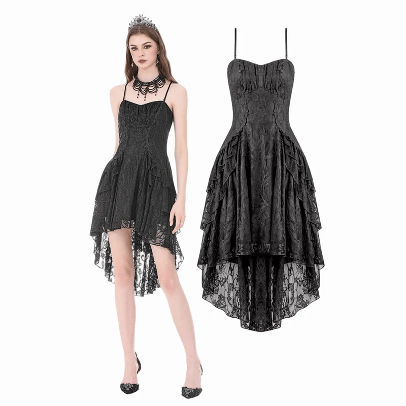 Gothic-Rüschenkleid mit asymmetrischem Saum und Spitze für Damen, Abschlusskleid