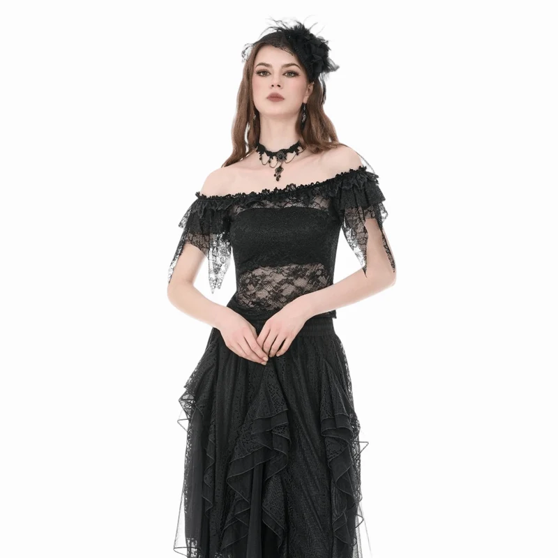 Gothic-Blumenmuster, transparentes schulterfreies Spitzentop für Damen