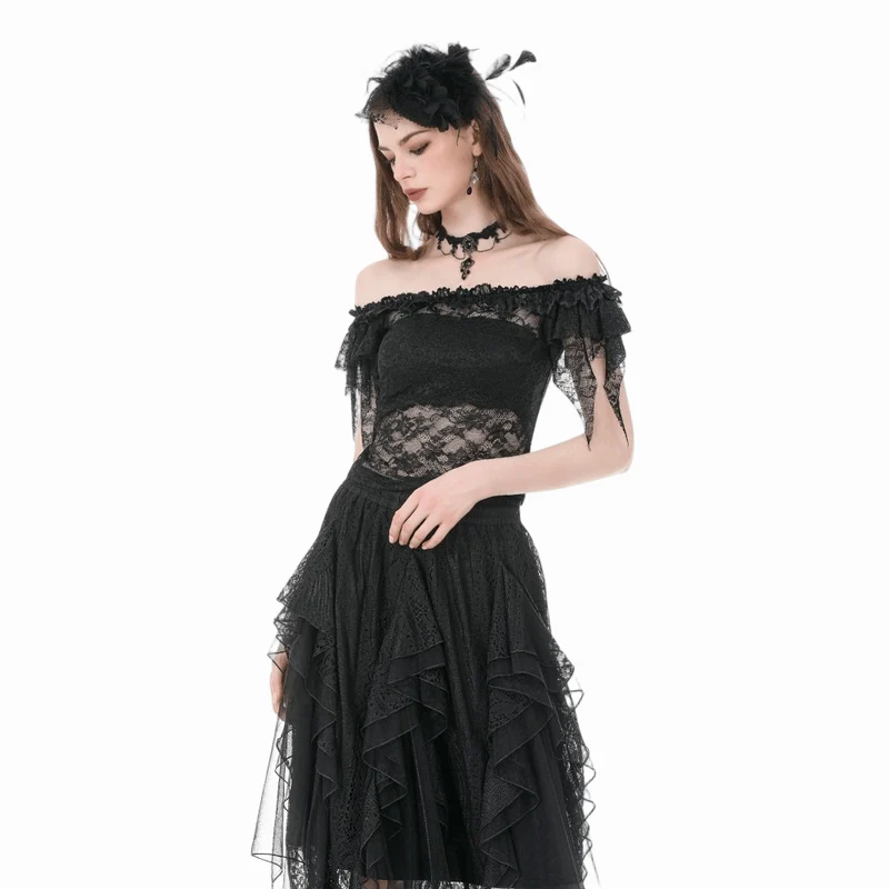 Gothic-Blumenmuster, transparentes schulterfreies Spitzentop für Damen