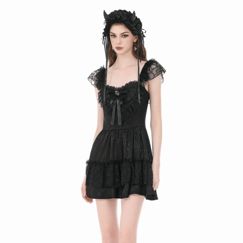 Gothic-Jacquard-Spitzenkleid mit Schleife und Rüschen für Damen