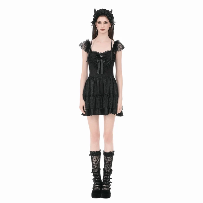 Gothic-Jacquard-Spitzenkleid mit Schleife und Rüschen für Damen