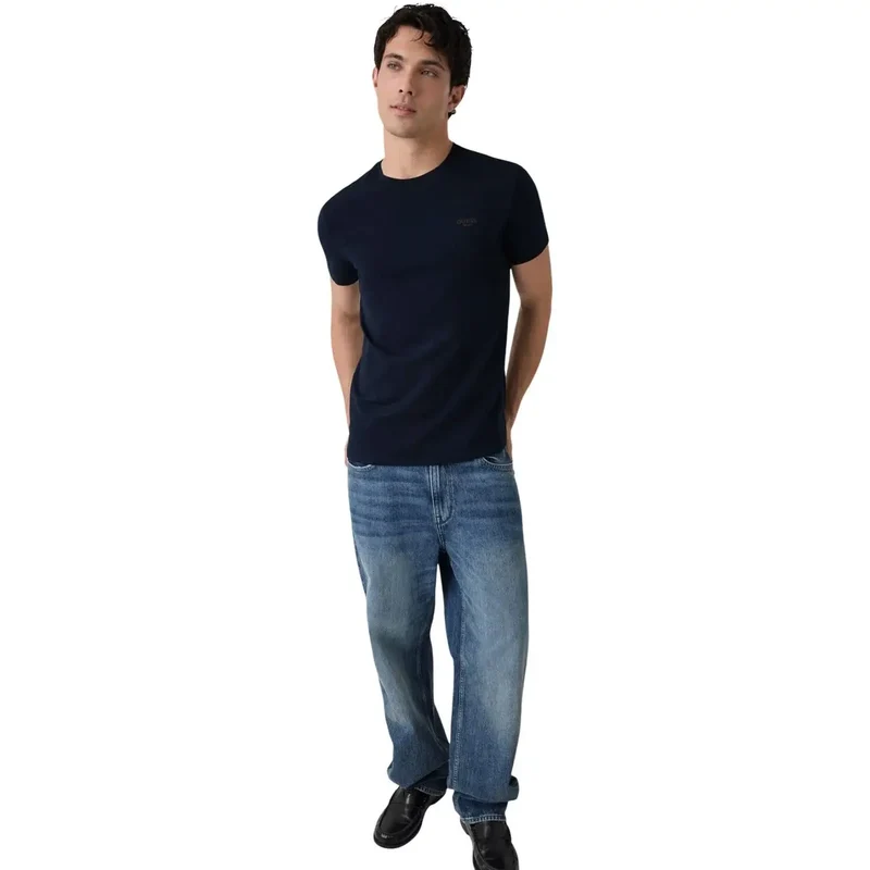 Guess Herren Blaues Baumwoll-T-Shirt mit Rundhalsausschnitt, extra schmal geschnitten