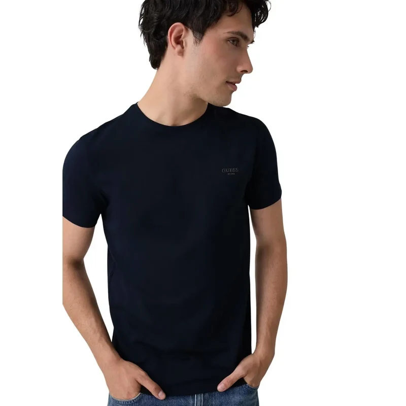 Guess Herren Blaues Baumwoll-T-Shirt mit Rundhalsausschnitt, extra schmal geschnitten