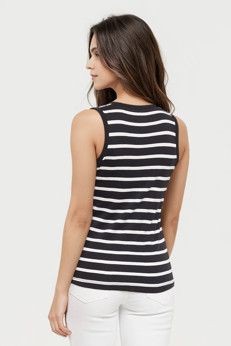 Ribbed Crew-Neck Tank | Black Beauty Mel Stripes