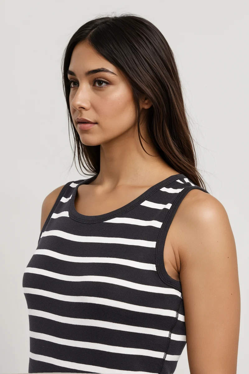 Ribbed Crew-Neck Tank | Black Beauty Mel Stripes