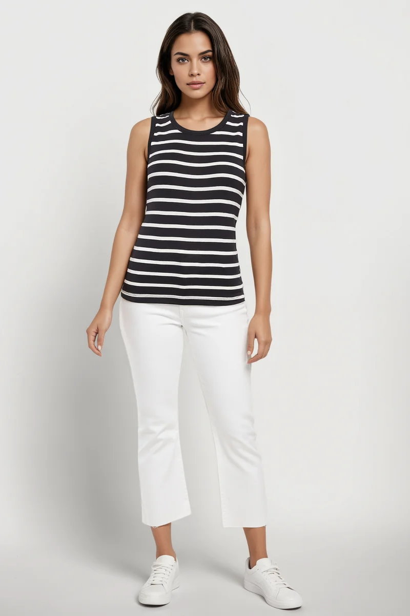 Ribbed Crew-Neck Tank | Black Beauty Mel Stripes