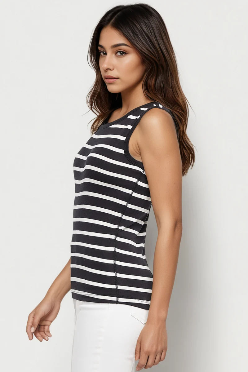 Ribbed Crew-Neck Tank | Black Beauty Mel Stripes