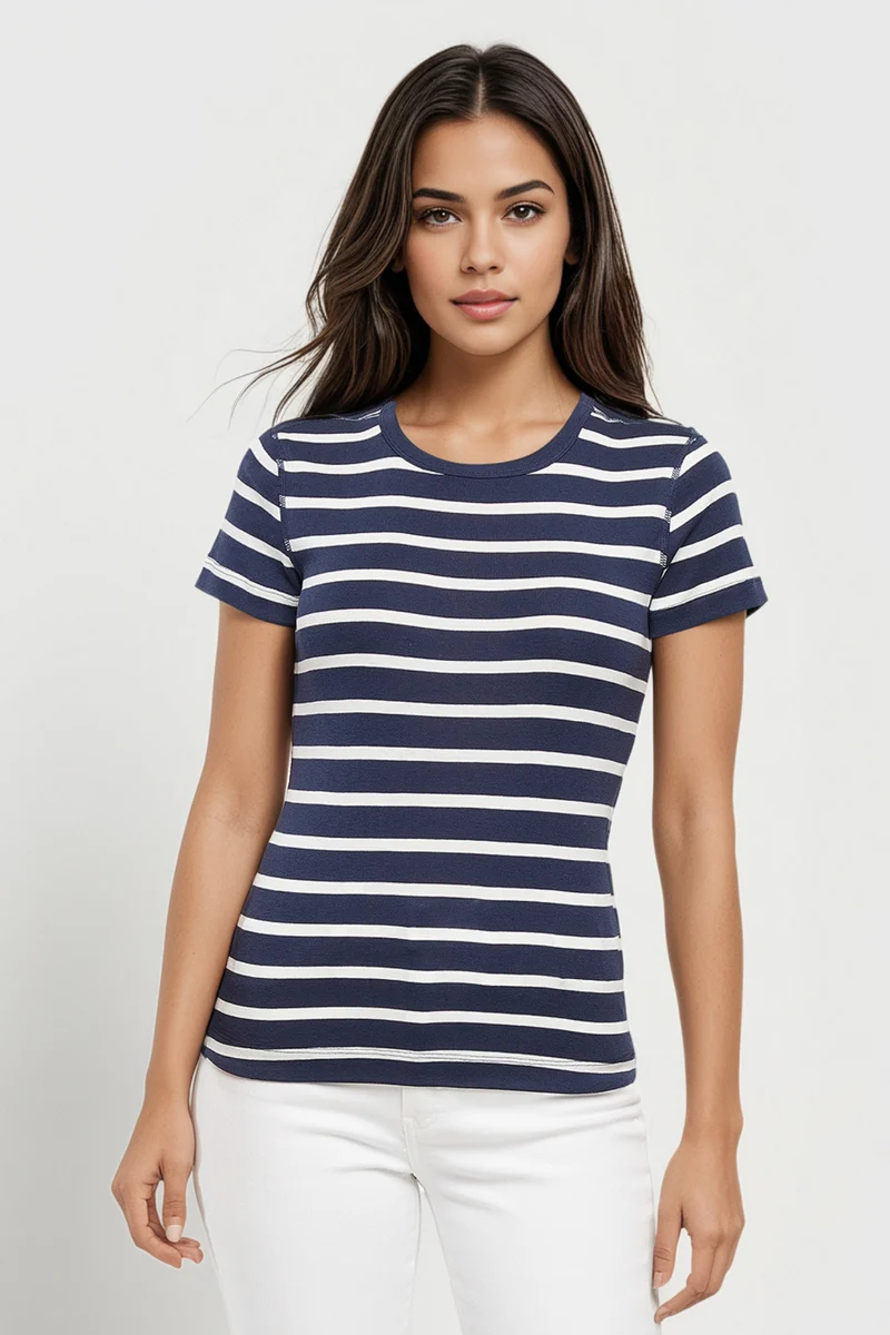 Crew-Neck Short Sleeve Tee | Navy Blazer Mel Stripes