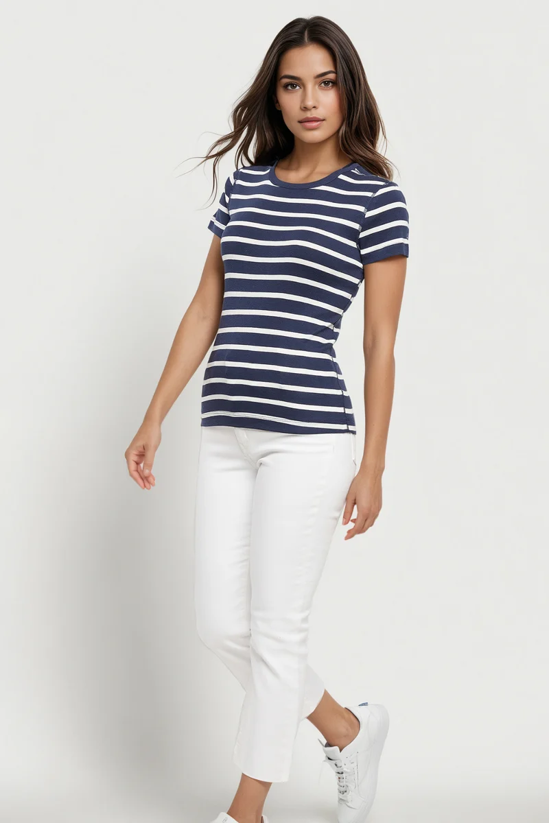 Crew-Neck Short Sleeve Tee | Navy Blazer Mel Stripes