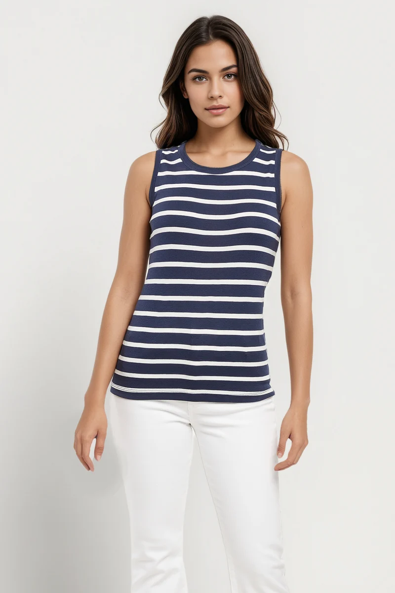 Ribbed Crew-Neck Tank | Navy Blazer Mel Stripes
