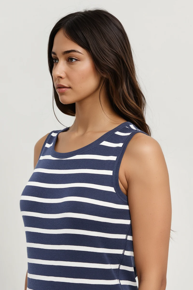 Ribbed Crew-Neck Tank | Navy Blazer Mel Stripes