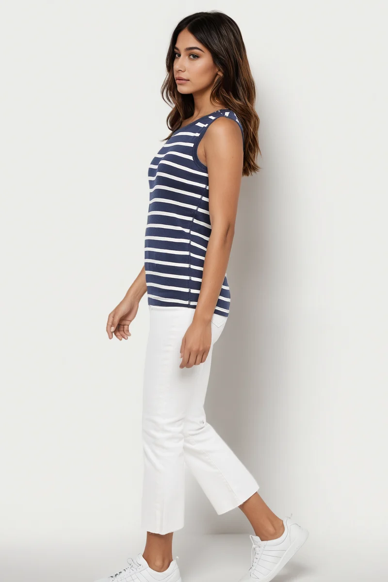 Ribbed Crew-Neck Tank | Navy Blazer Mel Stripes