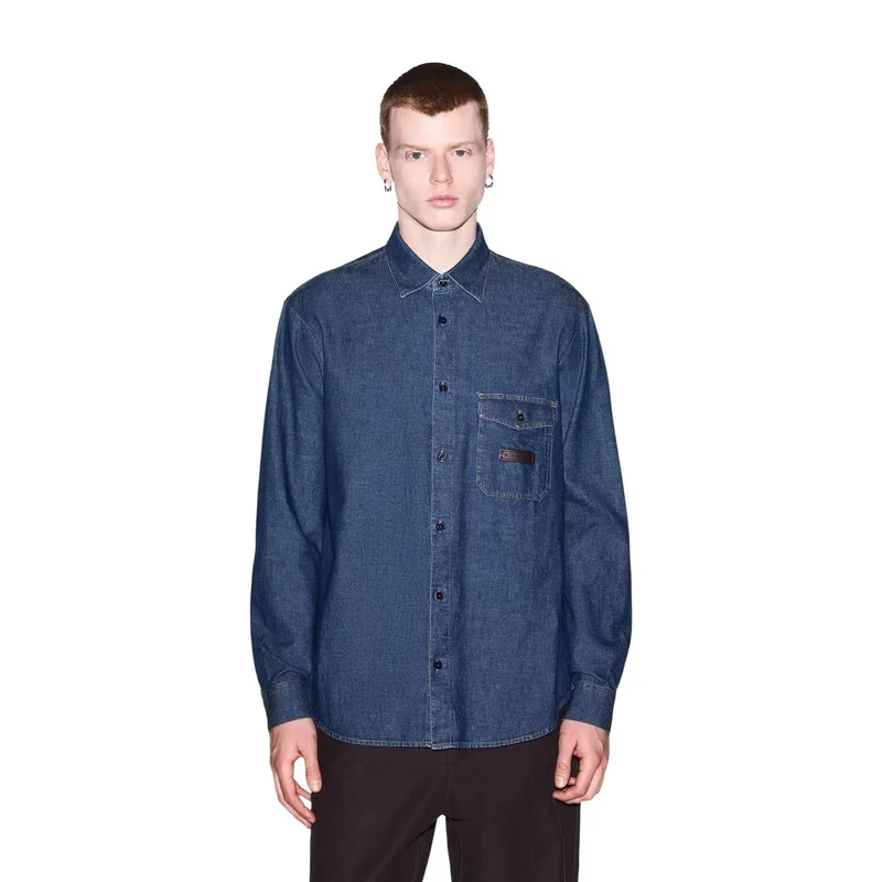 Armani Exchange Herrenhemd aus blauer Baumwolle, klassisch lang