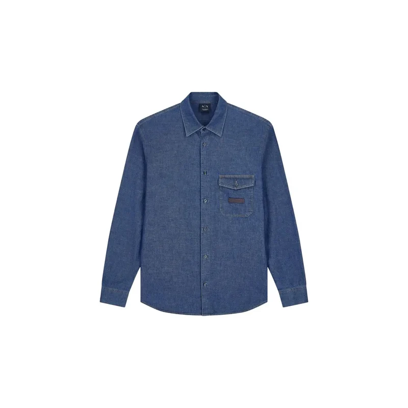 Armani Exchange Herrenhemd aus blauer Baumwolle, klassisch lang