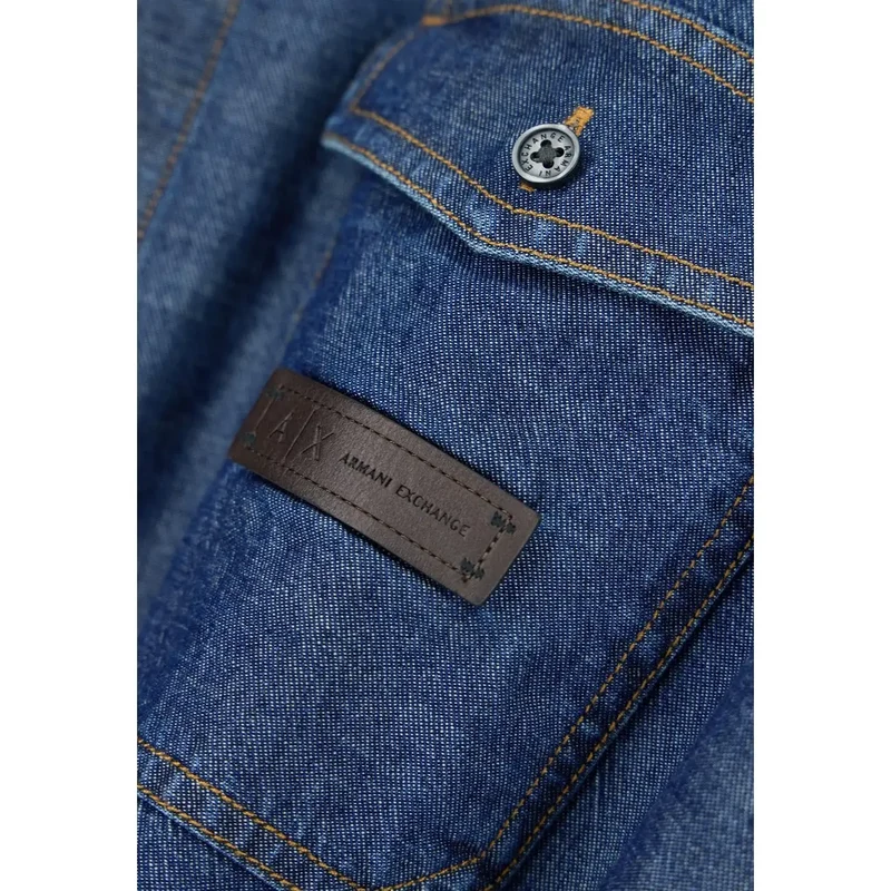 Armani Exchange Herrenhemd aus blauer Baumwolle, klassisch lang