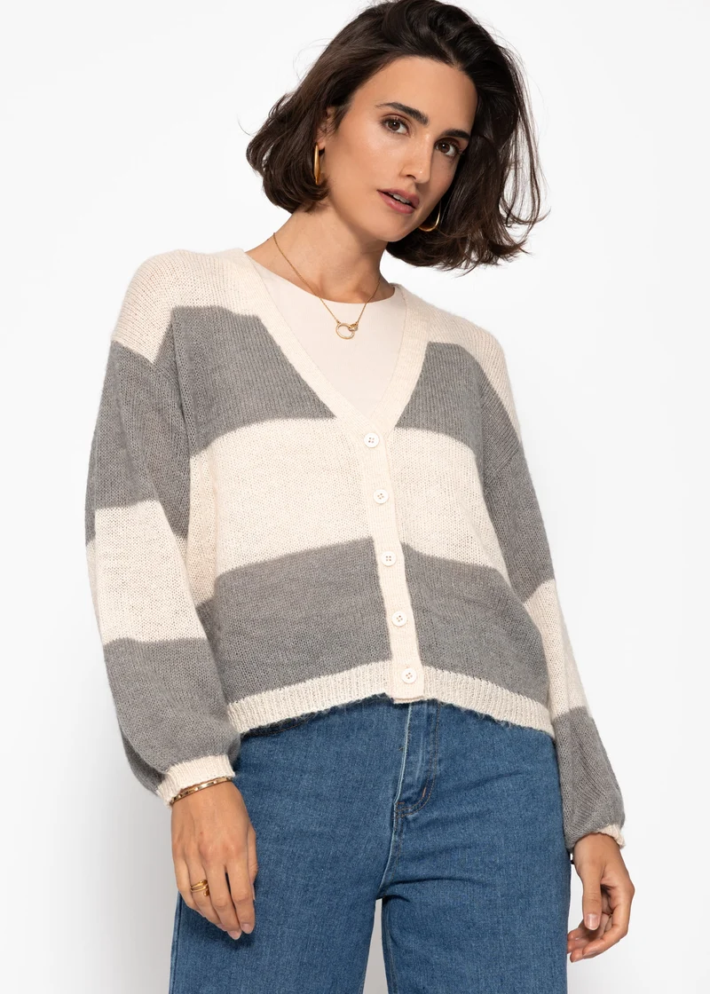 Gestreifter Feinstrick Cardigan mit V-Ausschnitt - grau-hellbeige