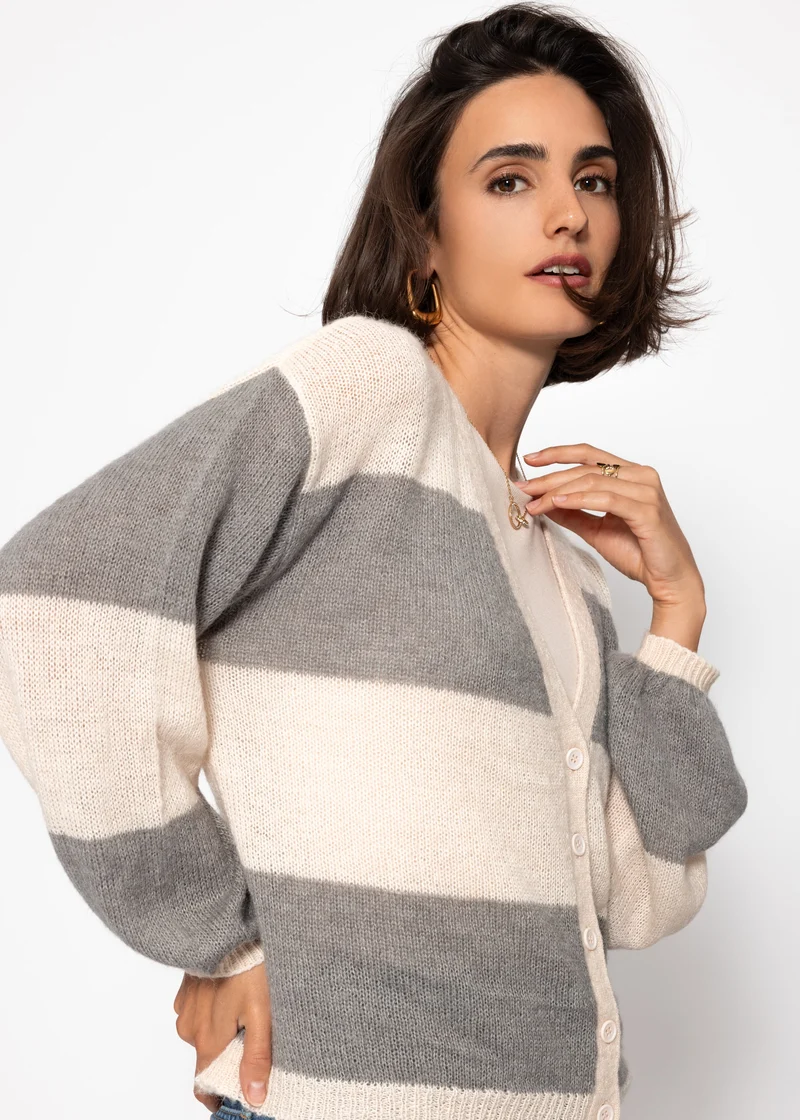 Gestreifter Feinstrick Cardigan mit V-Ausschnitt - grau-hellbeige