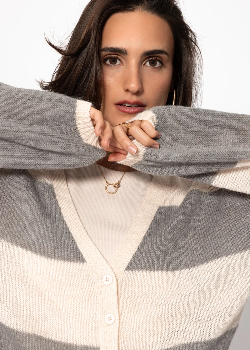 Gestreifter Feinstrick Cardigan mit V-Ausschnitt - grau-hellbeige