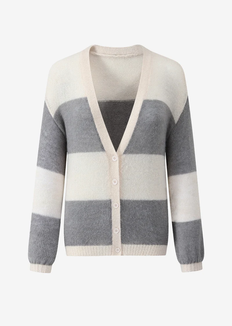 Gestreifter Feinstrick Cardigan mit V-Ausschnitt - grau-hellbeige