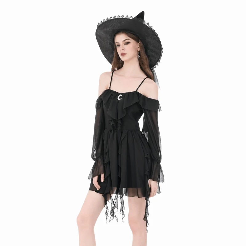 Gothic Moon Damen-Lagenkleid mit Rüschen und schulterfreiem Rock