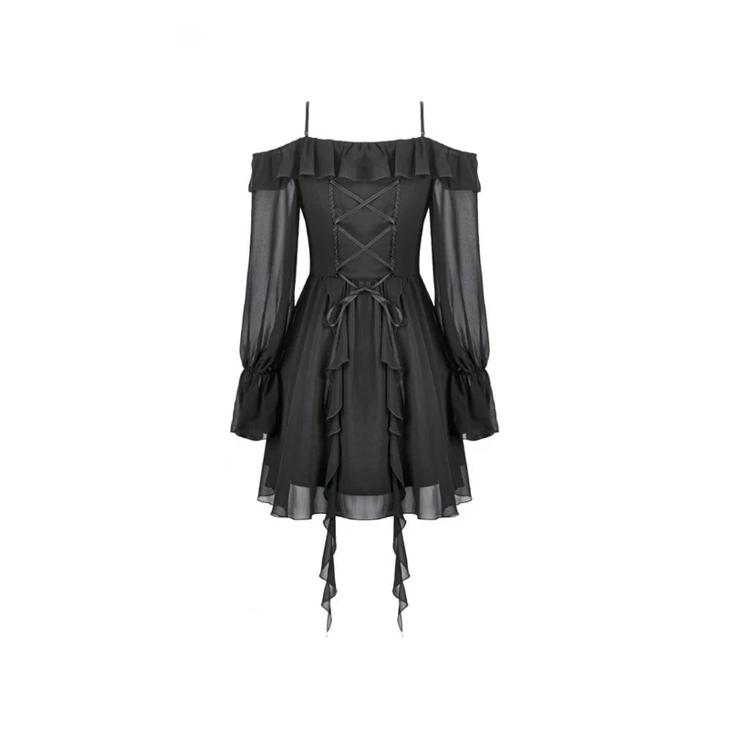 Gothic Moon Damen-Lagenkleid mit Rüschen und schulterfreiem Rock