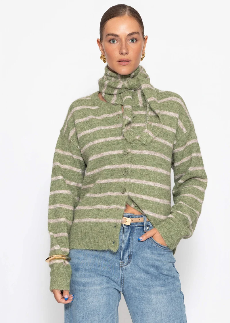 Gestreifter Cardigan mit Schal - khaki
