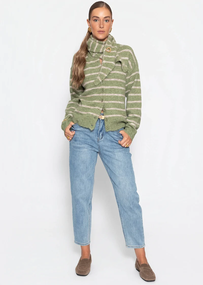 Gestreifter Cardigan mit Schal - khaki