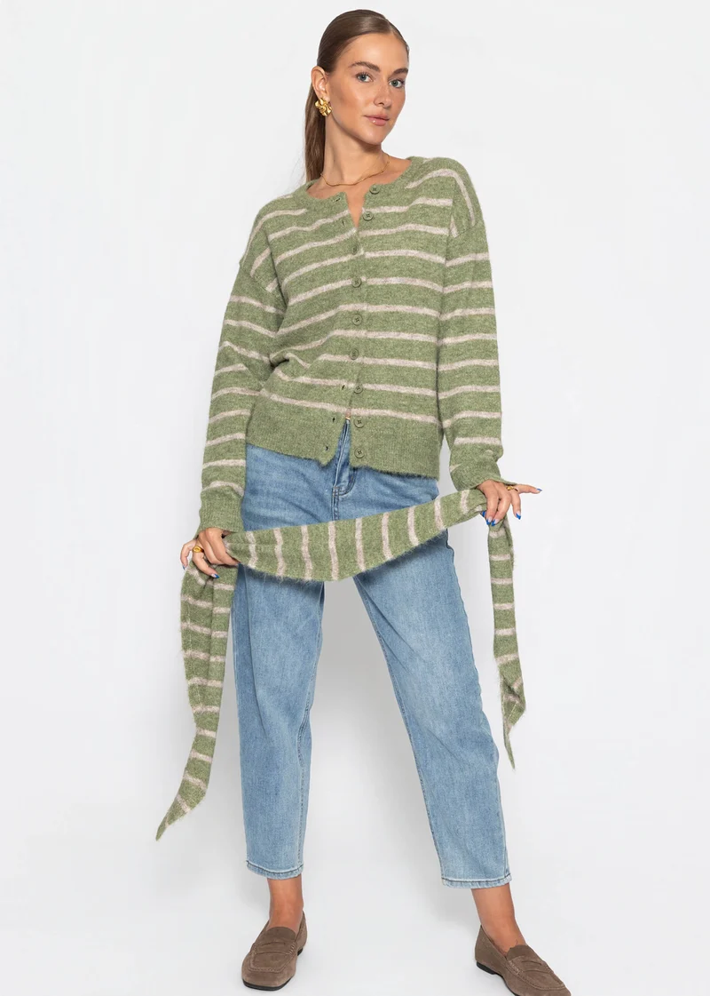 Gestreifter Cardigan mit Schal - khaki