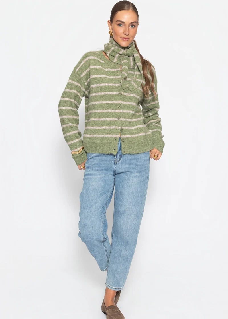 Gestreifter Cardigan mit Schal - khaki