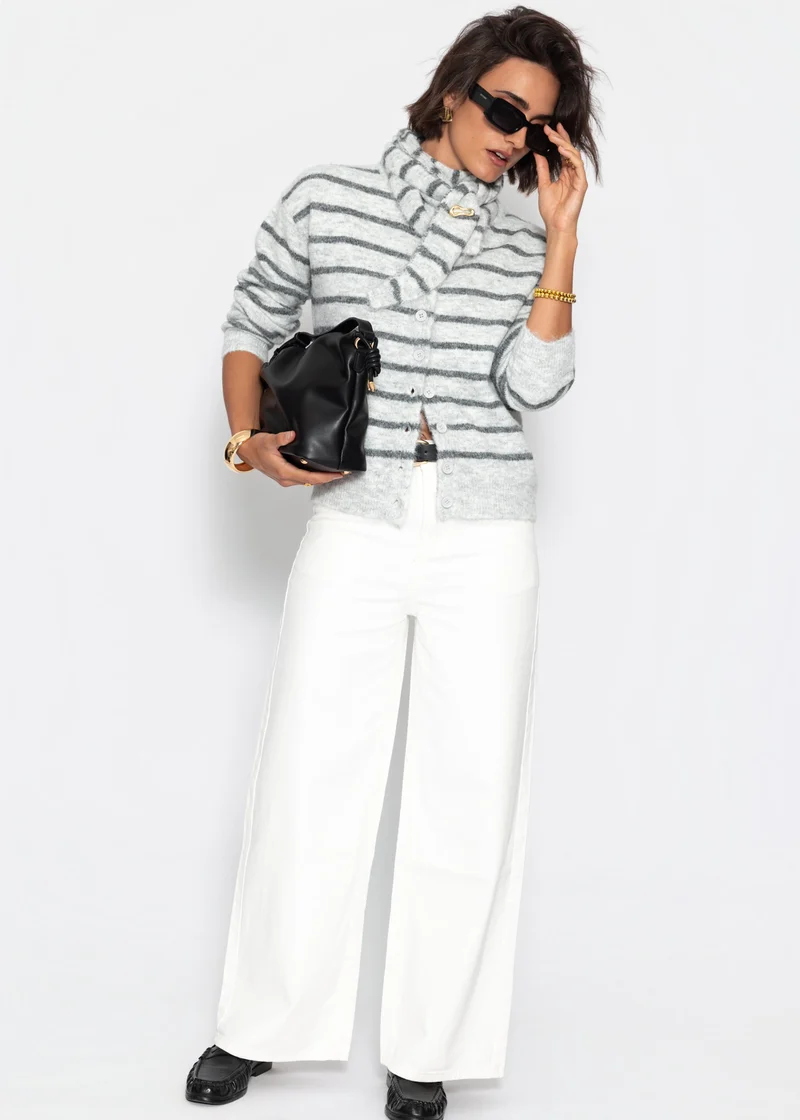 Gestreifter Cardigan mit Schal - grau
