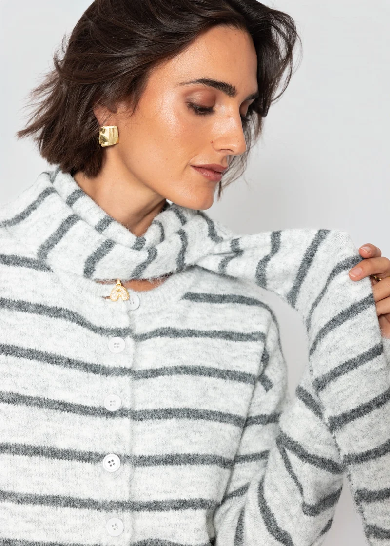 Gestreifter Cardigan mit Schal - grau