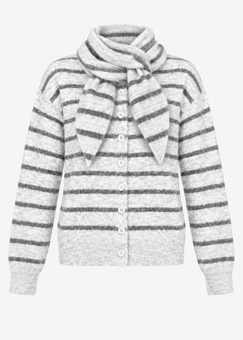 Gestreifter Cardigan mit Schal - grau