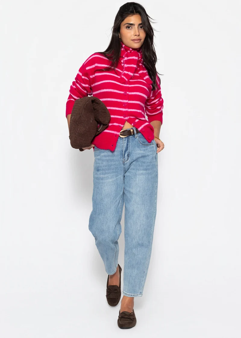 Gestreifter Cardigan mit Schal - pink