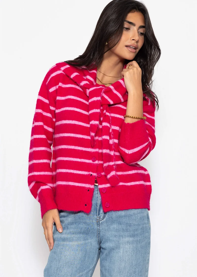 Gestreifter Cardigan mit Schal - pink