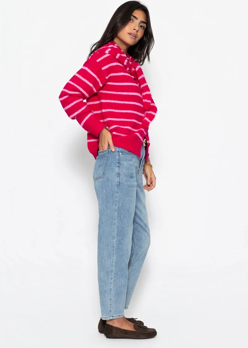 Gestreifter Cardigan mit Schal - pink