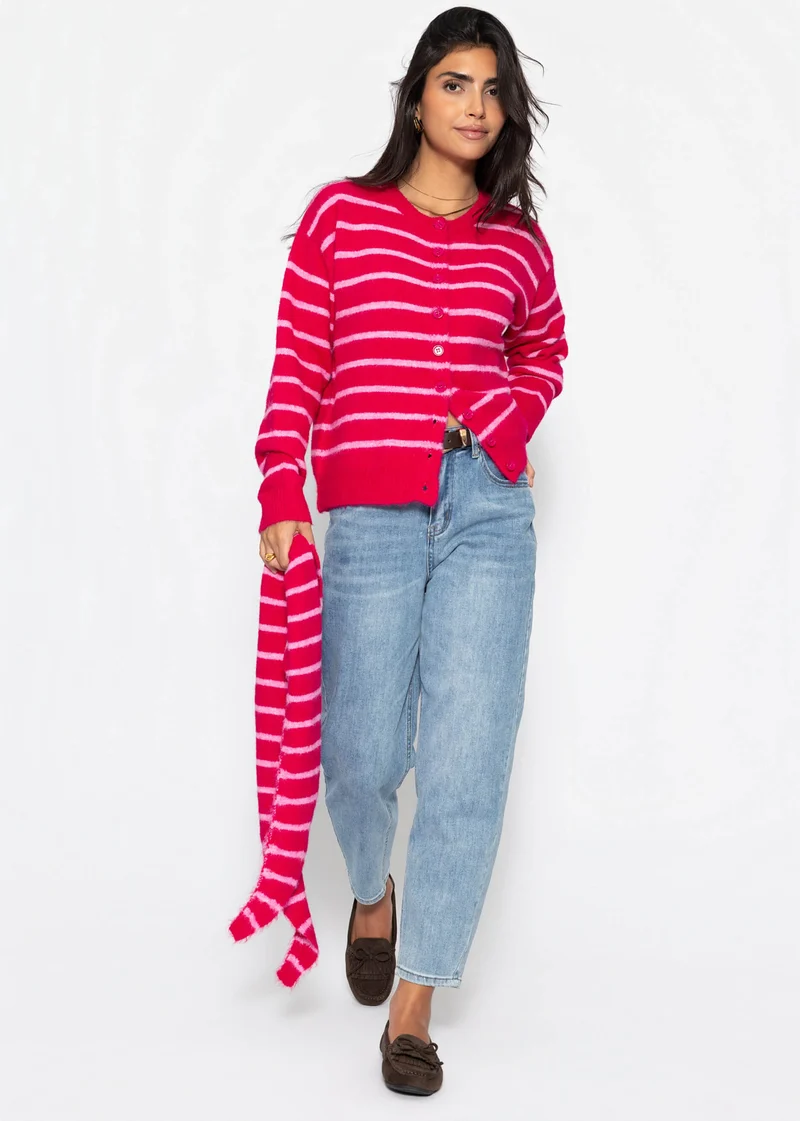 Gestreifter Cardigan mit Schal - pink