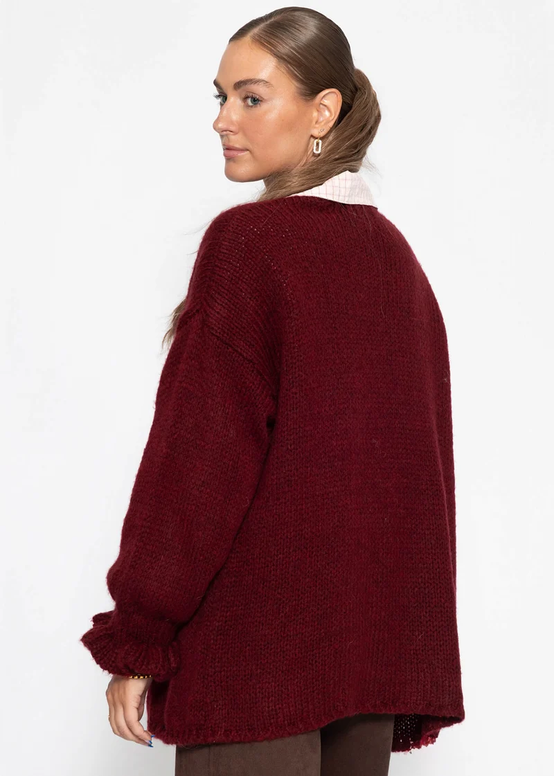 Oversize Cardigan mit Volantärmeln - burgundy